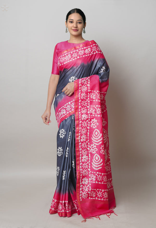 Bluish Grey-Pink Pure  Batik Printed Chanderi Sico Saree-UNM74756