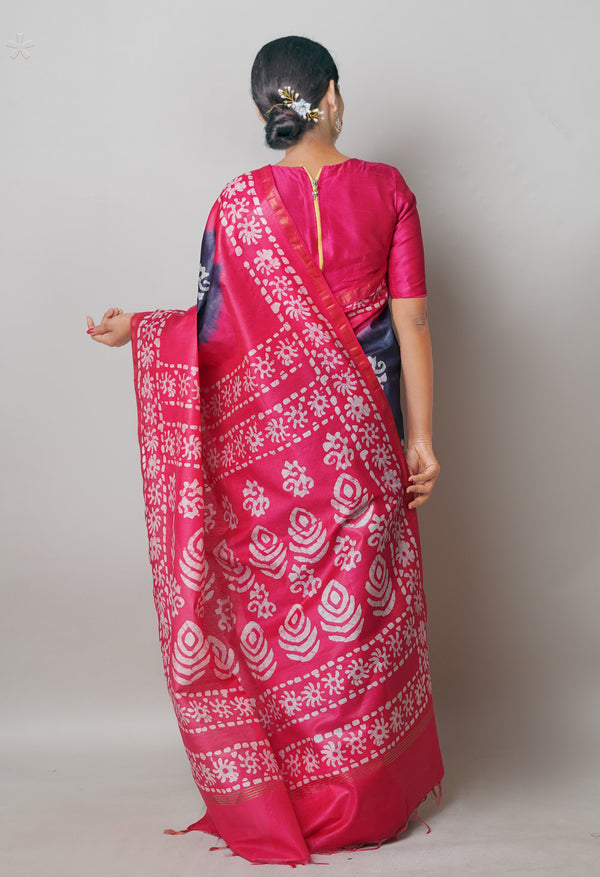 Bluish Grey-Pink Pure  Batik Printed Chanderi Sico Saree-UNM74756