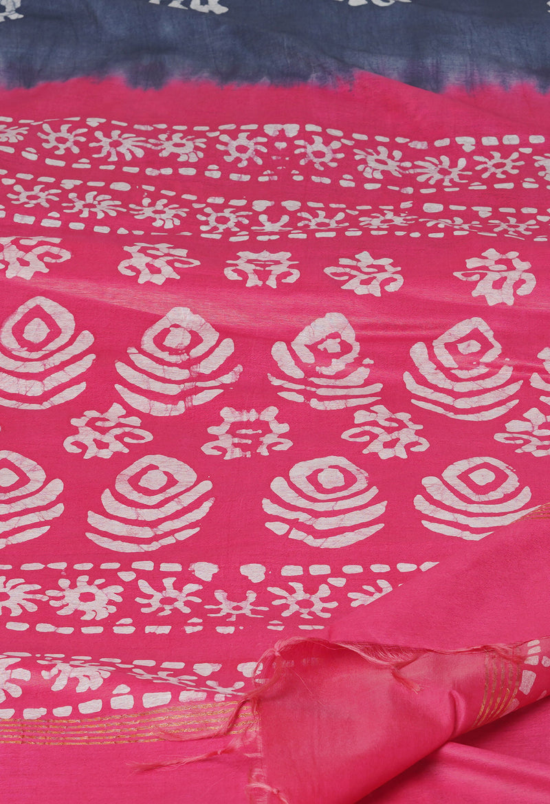 Bluish Grey-Pink Pure  Batik Printed Chanderi Sico Saree-UNM74756