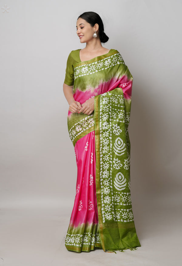 Pink-Olive Green Pure  Batik Printed Chanderi Sico Saree-UNM74757