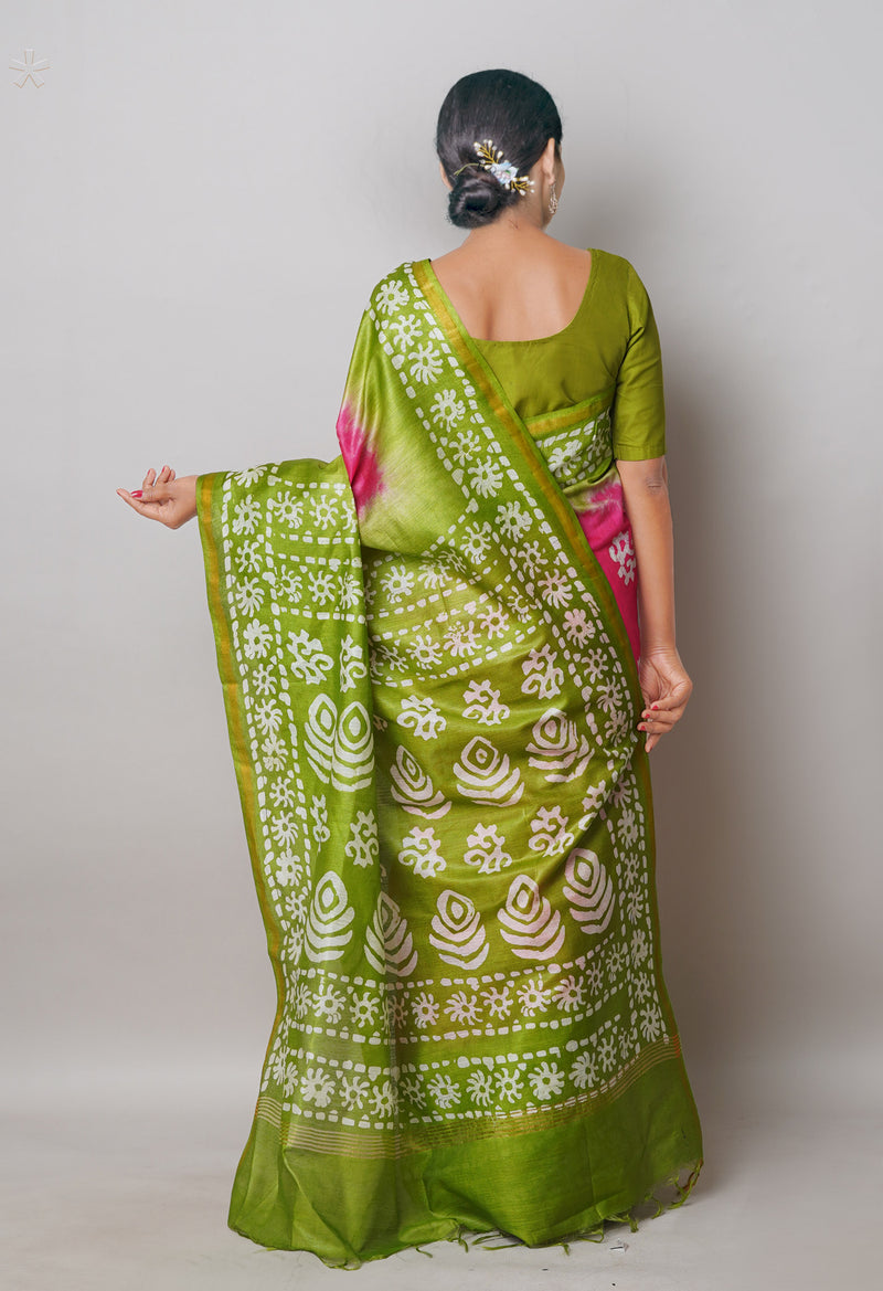 Pink-Olive Green Pure  Batik Printed Chanderi Sico Saree-UNM74757