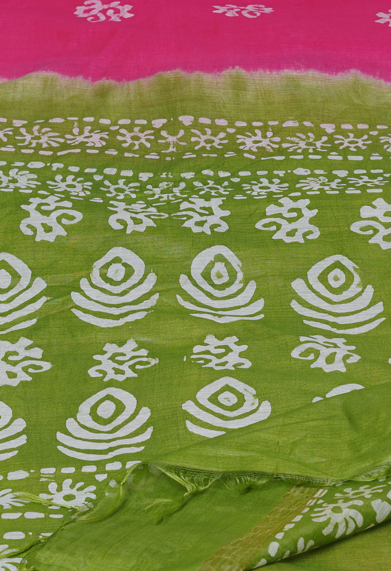 Pink-Olive Green Pure  Batik Printed Chanderi Sico Saree-UNM74757