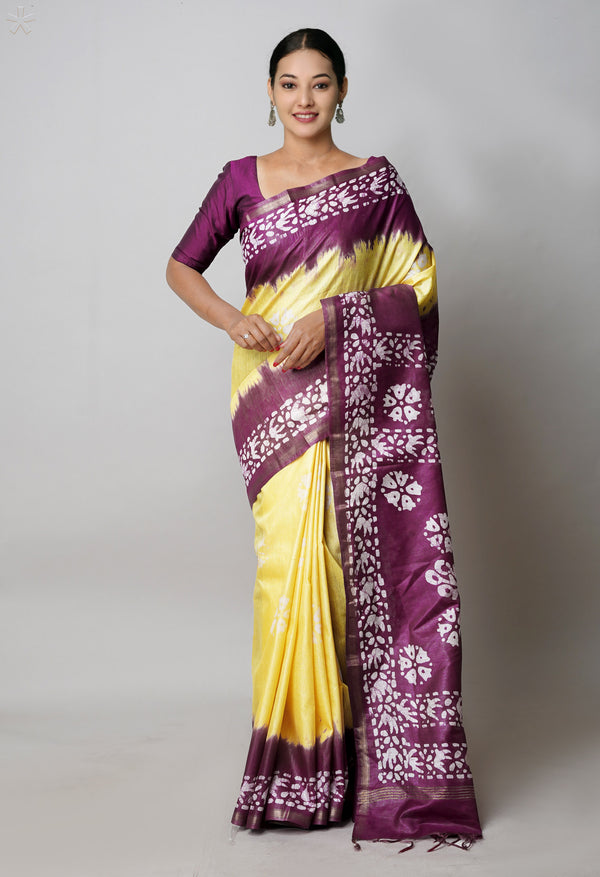 Pale Yellow-Dark Purple Pure  Batik Printed Chanderi Sico Saree-UNM74758