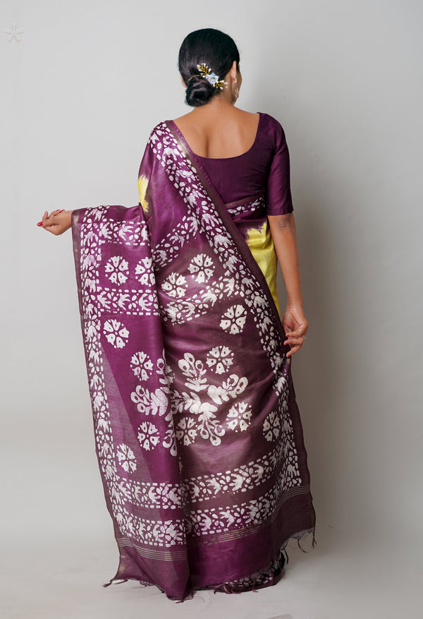 Pale Yellow-Dark Purple Pure  Batik Printed Chanderi Sico Saree-UNM74758
