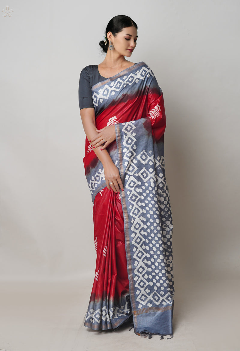 Red-Bluish Grey Pure  Batik Printed Chanderi Sico Saree-UNM74759