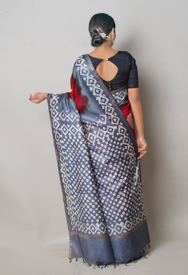Red-Bluish Grey Pure  Batik Printed Chanderi Sico Saree-UNM74759