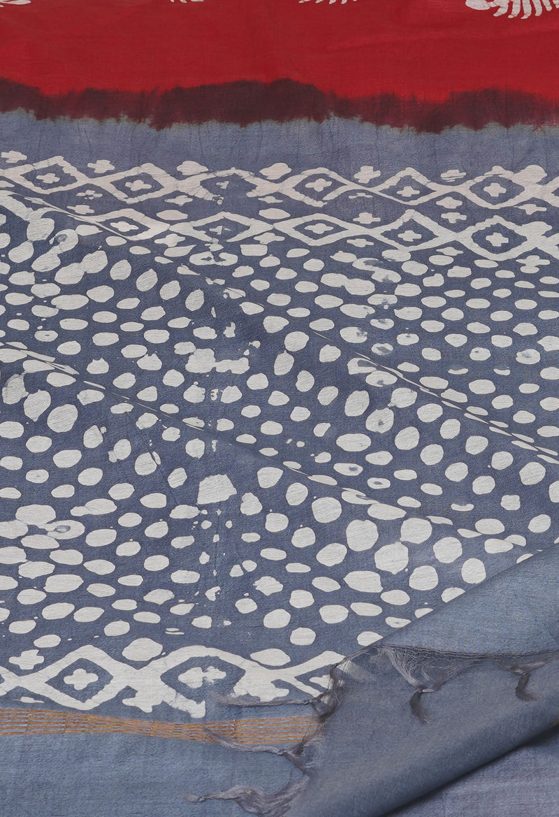Red-Bluish Grey Pure  Batik Printed Chanderi Sico Saree-UNM74759