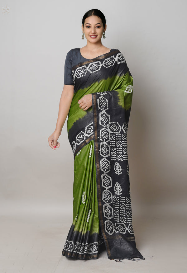 Olive Green-Black Pure  Batik Printed Chanderi Sico Saree-UNM74760