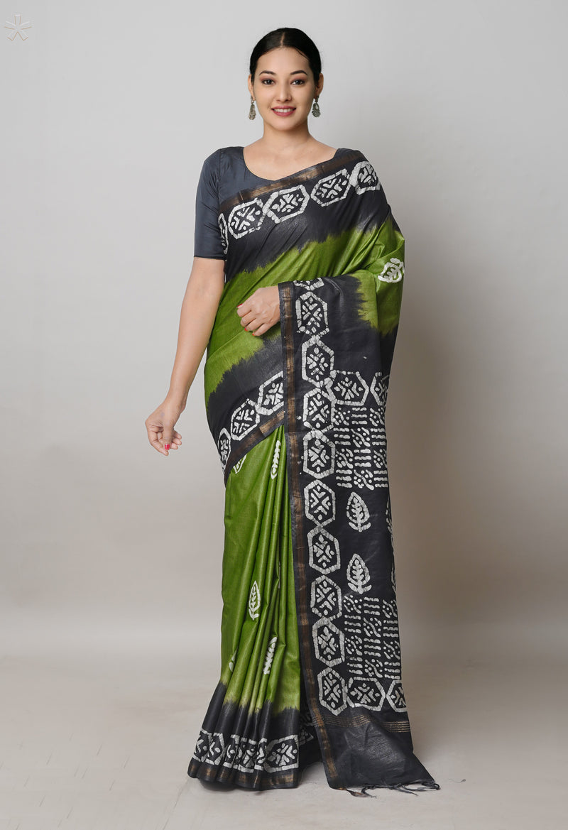 Olive Green-Black Pure  Batik Printed Chanderi Sico Saree-UNM74760