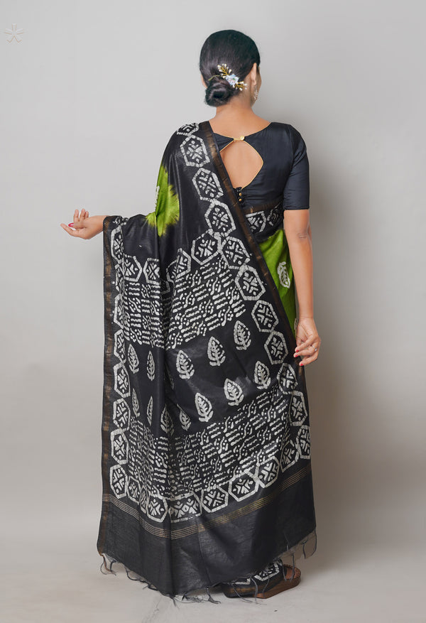 Olive Green-Black Pure  Batik Printed Chanderi Sico Saree-UNM74760