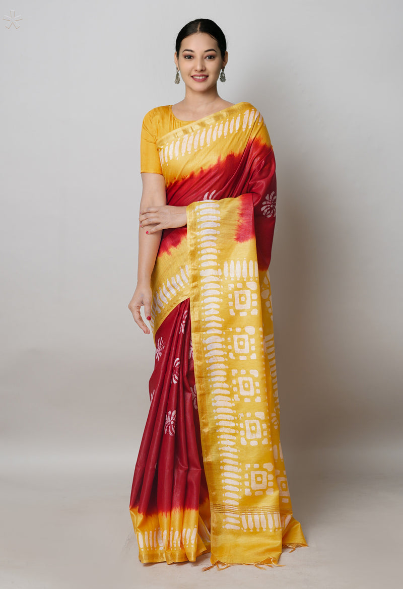 Red-Pale Yellow Pure  Batik Printed Chanderi Sico Saree-UNM74761