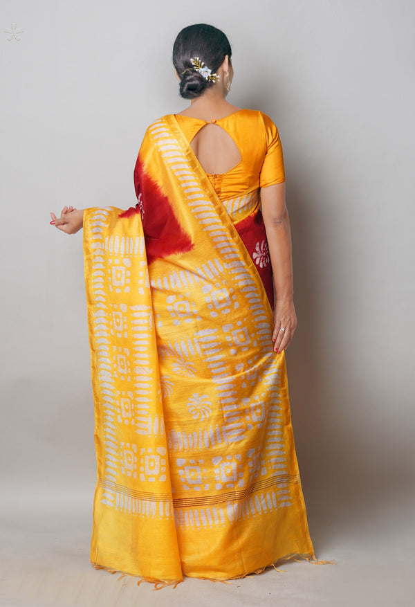 Red-Pale Yellow Pure  Batik Printed Chanderi Sico Saree-UNM74761