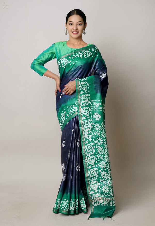 Navy Blue-Dark Green Pure  Batik Printed Chanderi Sico Saree-UNM74762