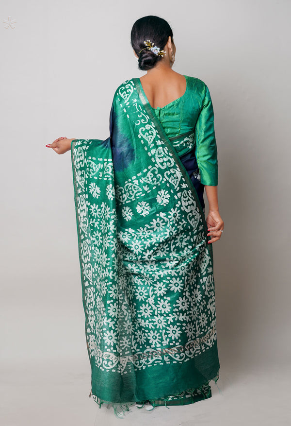 Navy Blue-Dark Green Pure  Batik Printed Chanderi Sico Saree-UNM74762