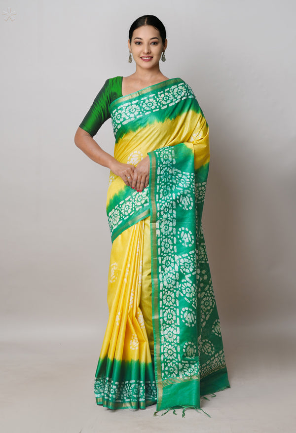 Pale Yellow-Green Pure  Batik Printed Chanderi Sico Saree-UNM74763