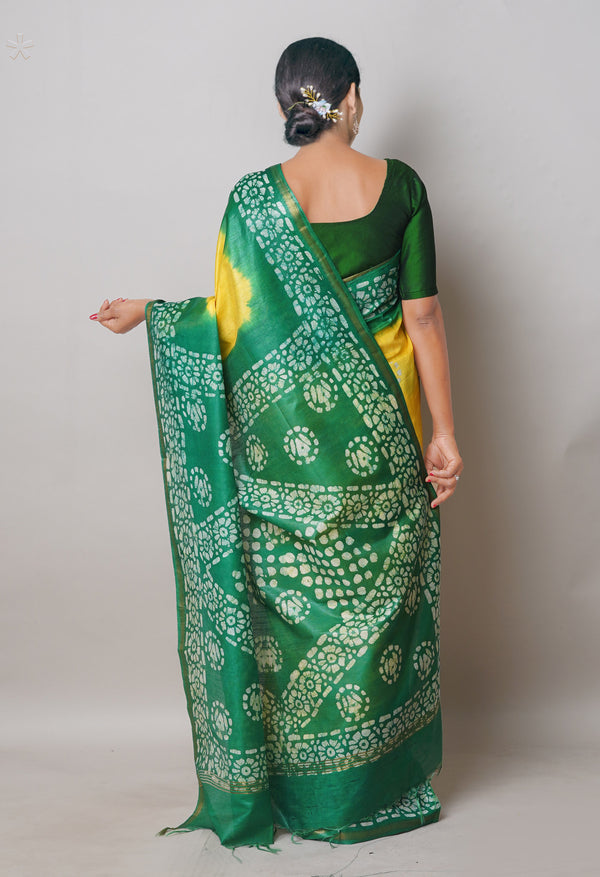 Pale Yellow-Green Pure  Batik Printed Chanderi Sico Saree-UNM74763