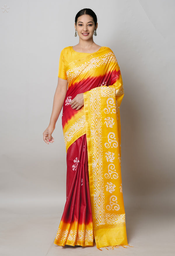 Maroon-Yellow Pure  Batik Printed Chanderi Sico Saree-UNM74764