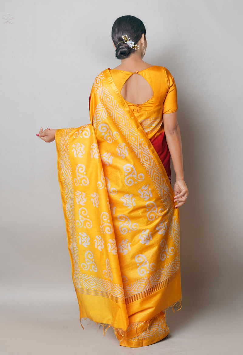 Maroon-Yellow Pure  Batik Printed Chanderi Sico Saree-UNM74764