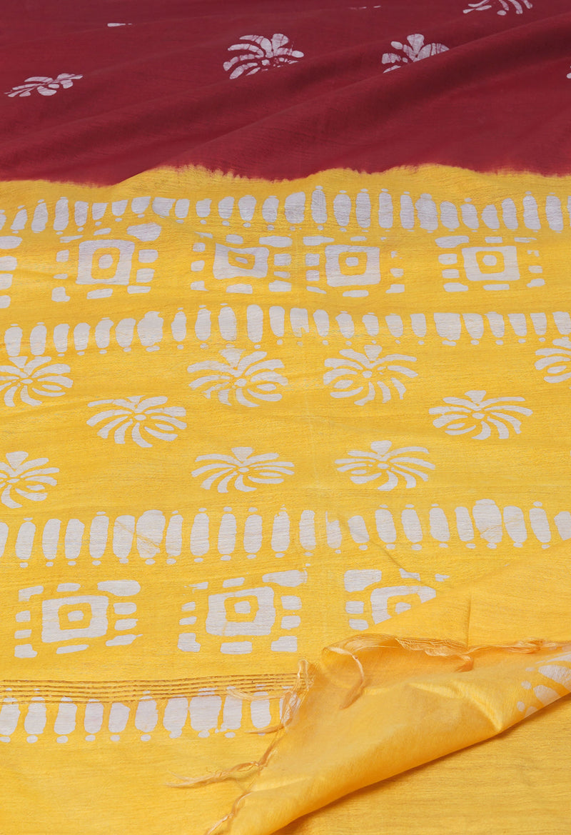 Maroon-Yellow Pure  Batik Printed Chanderi Sico Saree-UNM74764