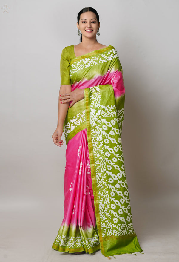 Pink-Olive Green Pure  Batik Printed Chanderi Sico Saree-UNM74765