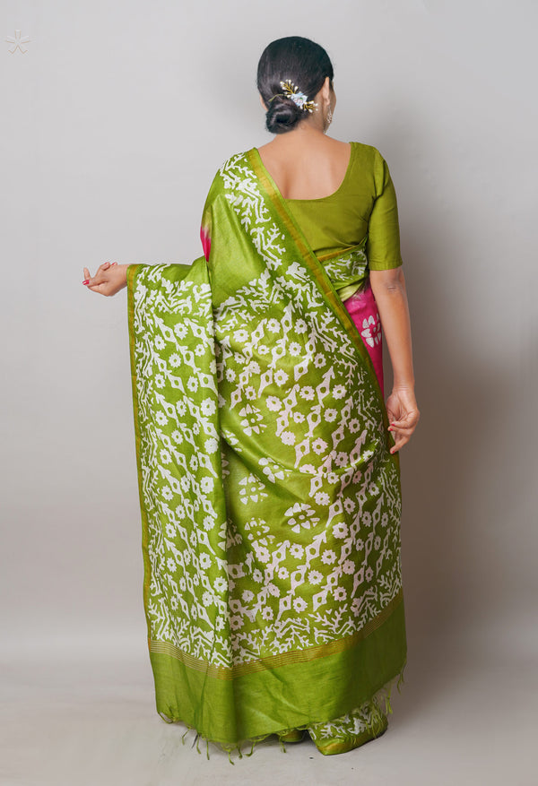 Pink-Olive Green Pure  Batik Printed Chanderi Sico Saree-UNM74765