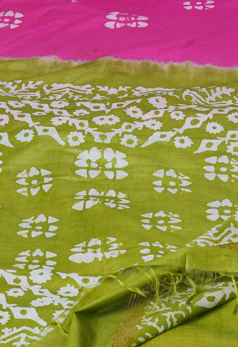 Pink-Olive Green Pure  Batik Printed Chanderi Sico Saree-UNM74765