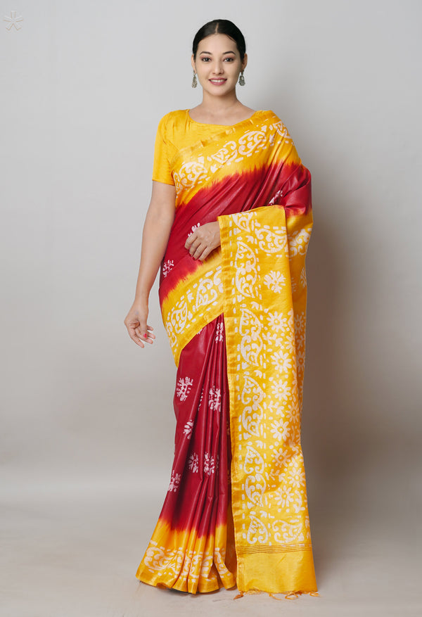 Maroon-Yellow Pure  Batik Printed Chanderi Sico Saree-UNM74766