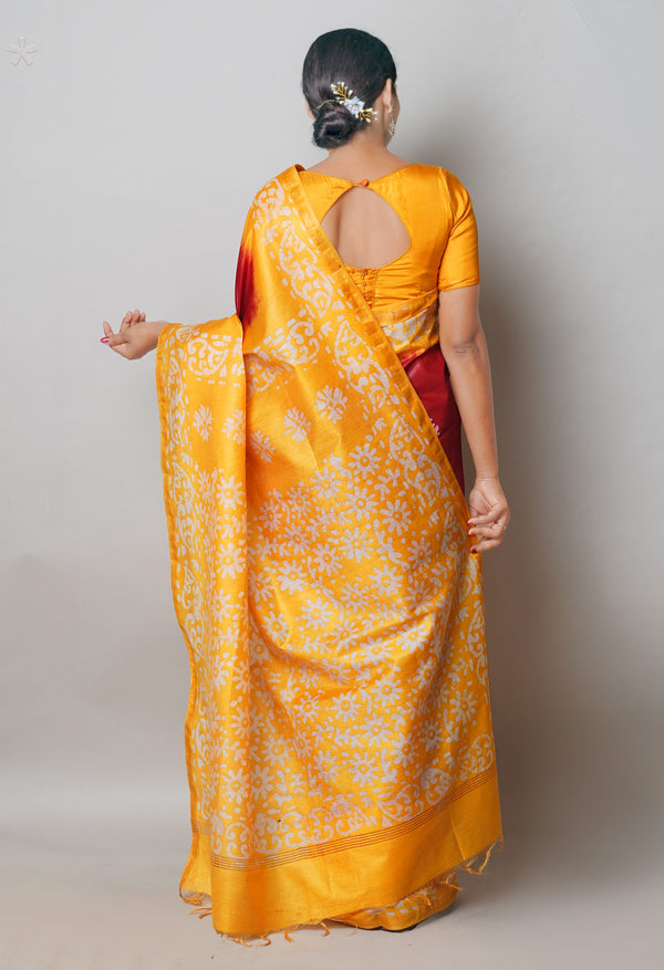 Maroon-Yellow Pure  Batik Printed Chanderi Sico Saree-UNM74766