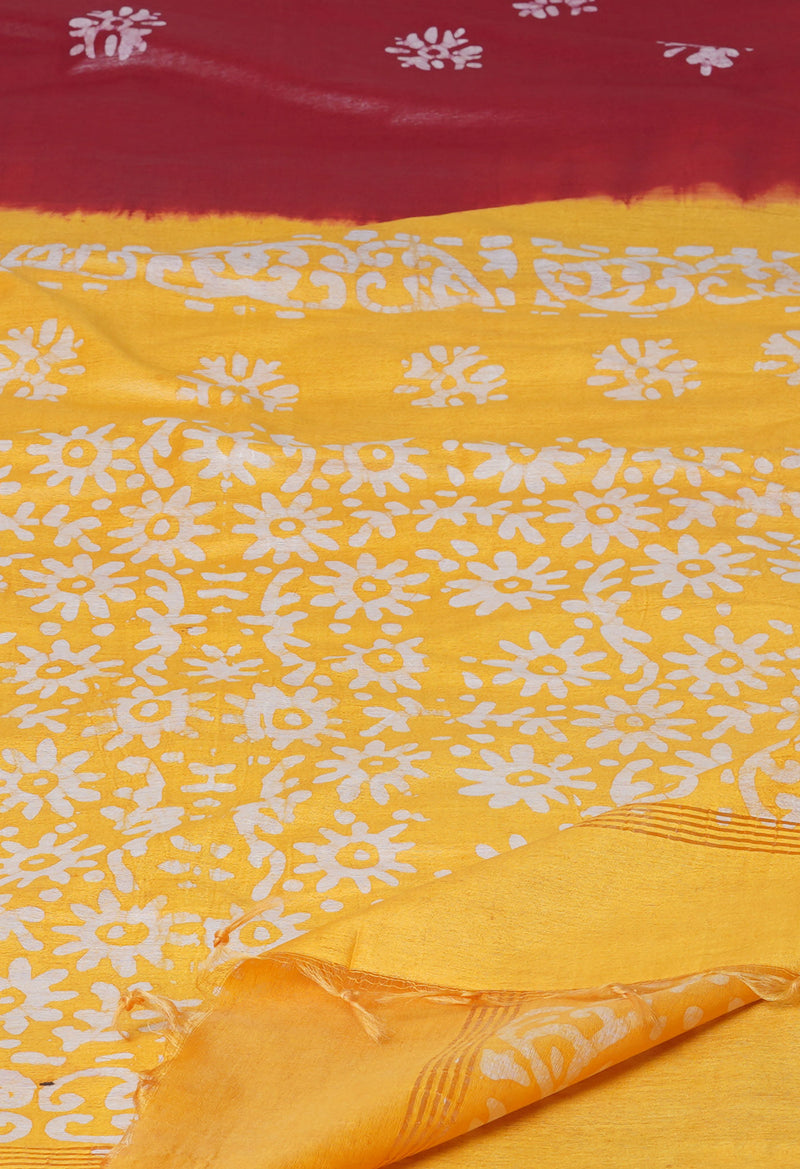 Maroon-Yellow Pure  Batik Printed Chanderi Sico Saree-UNM74766
