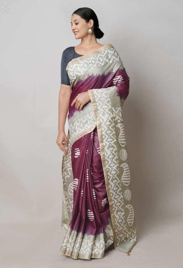 Dark Purple-Grey Pure  Batik Printed Chanderi Sico Saree-UNM74767
