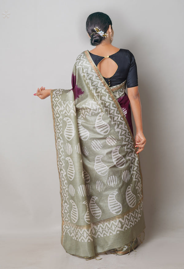 Dark Purple-Grey Pure  Batik Printed Chanderi Sico Saree-UNM74767