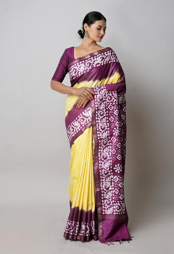Pale Yellow-Dark Purple Pure  Batik Printed Chanderi Sico Saree-UNM74768