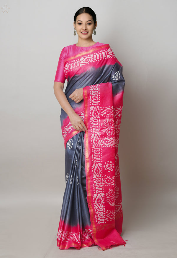 Bluish Grey-Peach Red Pure  Batik Printed Chanderi Sico Saree-UNM74769