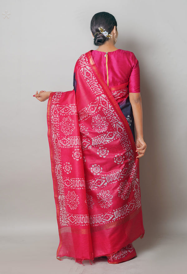 Bluish Grey-Peach Red Pure  Batik Printed Chanderi Sico Saree-UNM74769