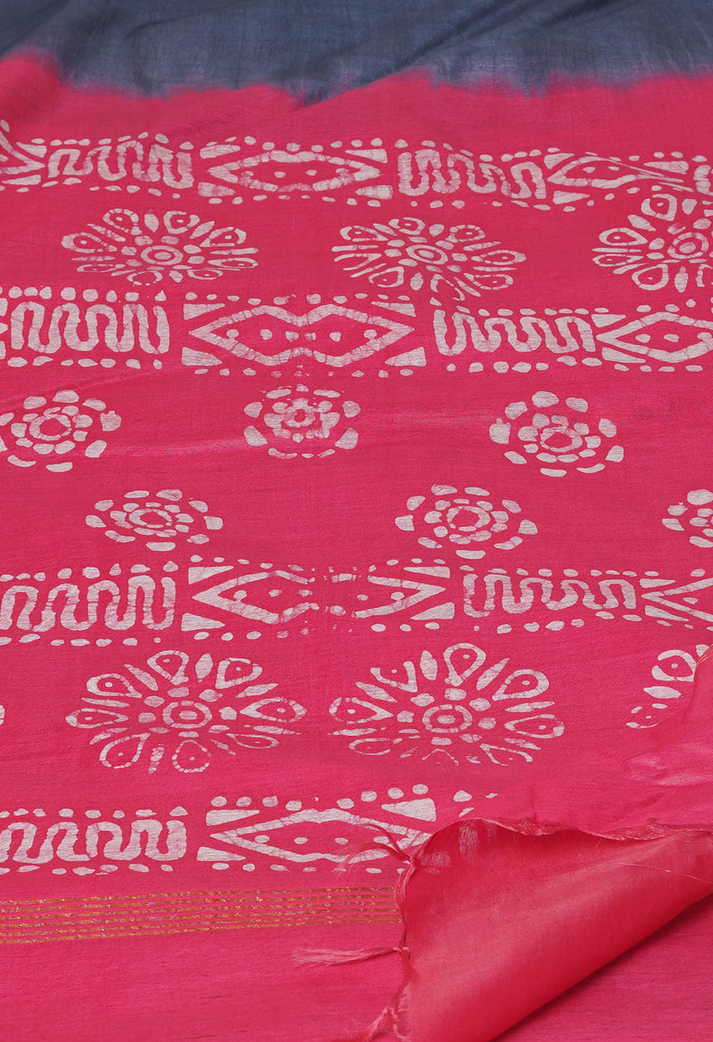 Bluish Grey-Peach Red Pure  Batik Printed Chanderi Sico Saree-UNM74769