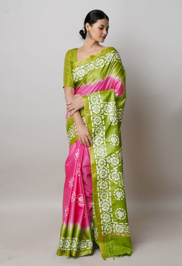 Pink-Olive Green Pure  Batik Printed Chanderi Sico Saree-UNM74770