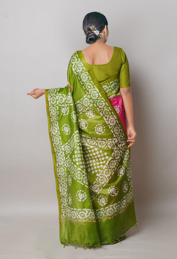 Pink-Olive Green Pure  Batik Printed Chanderi Sico Saree-UNM74770