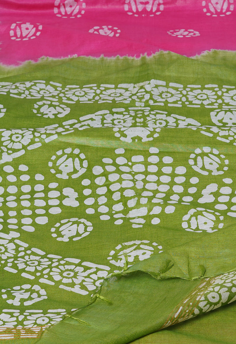 Pink-Olive Green Pure  Batik Printed Chanderi Sico Saree-UNM74770