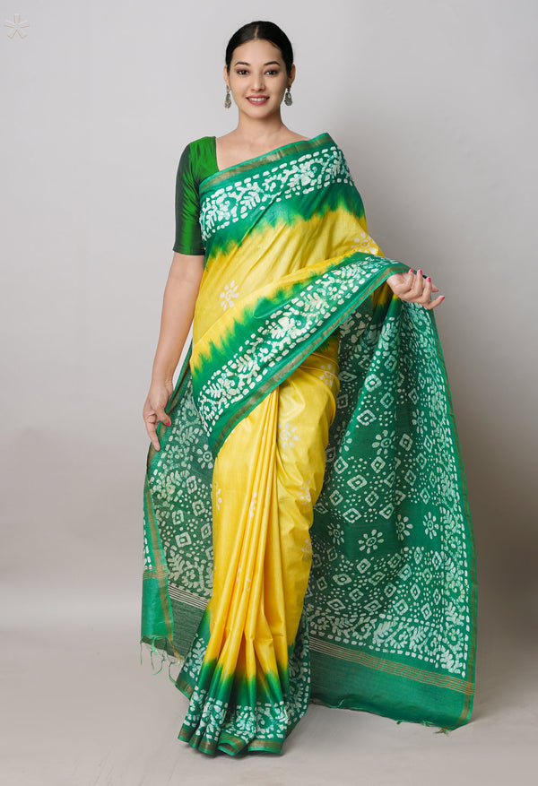 Pale Yellow-Green Pure  Batik Printed Chanderi Sico Saree-UNM74771