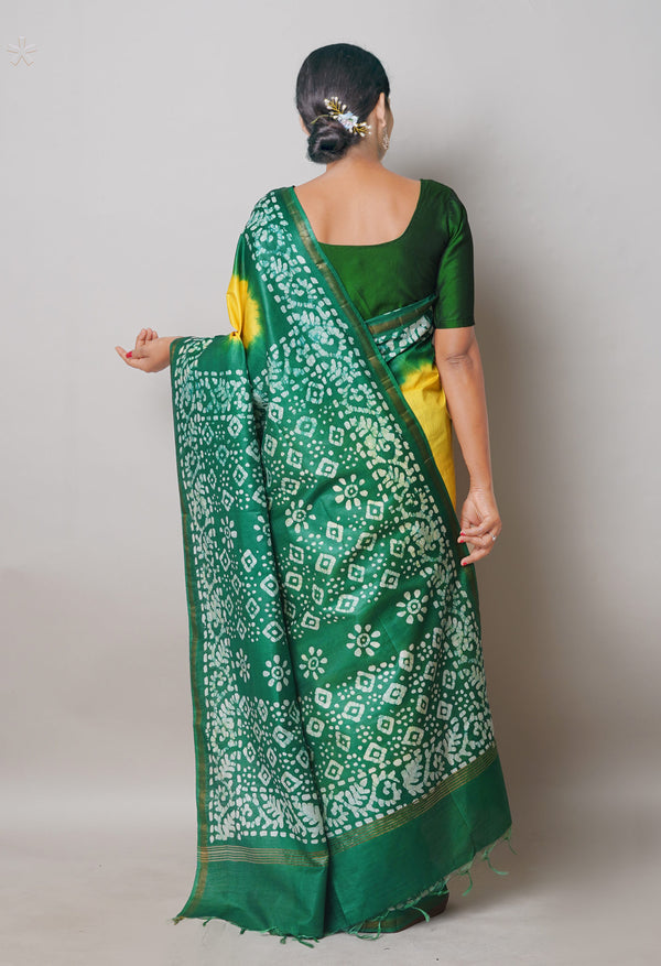 Pale Yellow-Green Pure  Batik Printed Chanderi Sico Saree-UNM74771