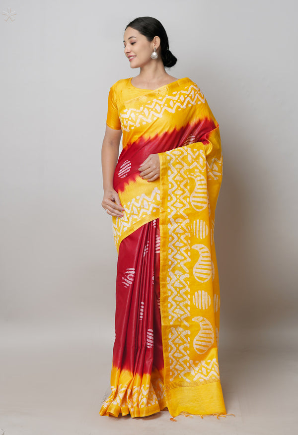 Red-Yellow Pure  Batik Printed Chanderi Sico Saree-UNM74772