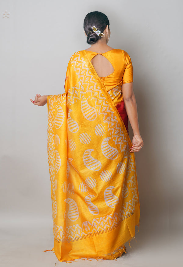 Red-Yellow Pure  Batik Printed Chanderi Sico Saree-UNM74772