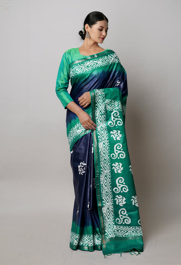 Navy Blue-Dark Green Pure  Batik Printed Chanderi Sico Saree-UNM74773