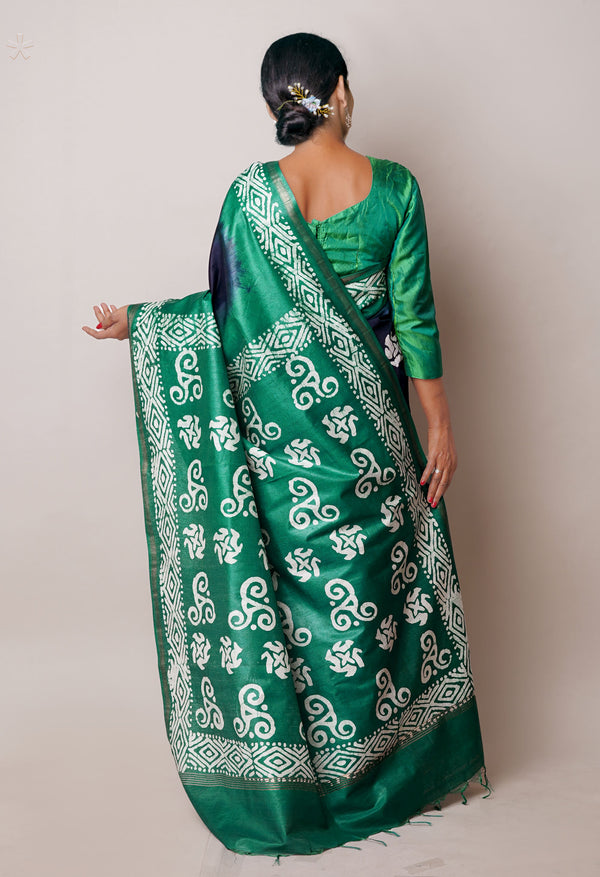 Navy Blue-Dark Green Pure  Batik Printed Chanderi Sico Saree-UNM74773