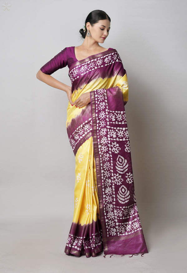 Pale Yellow-Dark Purple Pure  Batik Printed Chanderi Sico Saree-UNM74774
