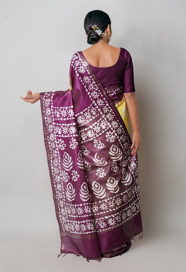 Pale Yellow-Dark Purple Pure  Batik Printed Chanderi Sico Saree-UNM74774