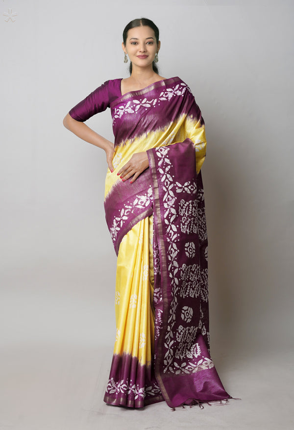 Pale Yellow-Dark Purple Pure  Batik Printed Chanderi Sico Saree-UNM74776