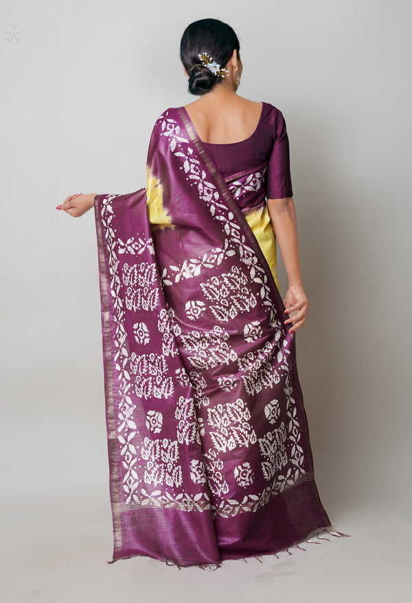 Pale Yellow-Dark Purple Pure  Batik Printed Chanderi Sico Saree-UNM74776