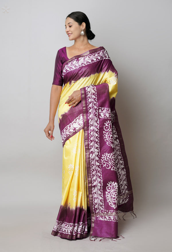 Pale Yellow-Dark Purple Pure  Batik Printed Chanderi Sico Saree-UNM74781