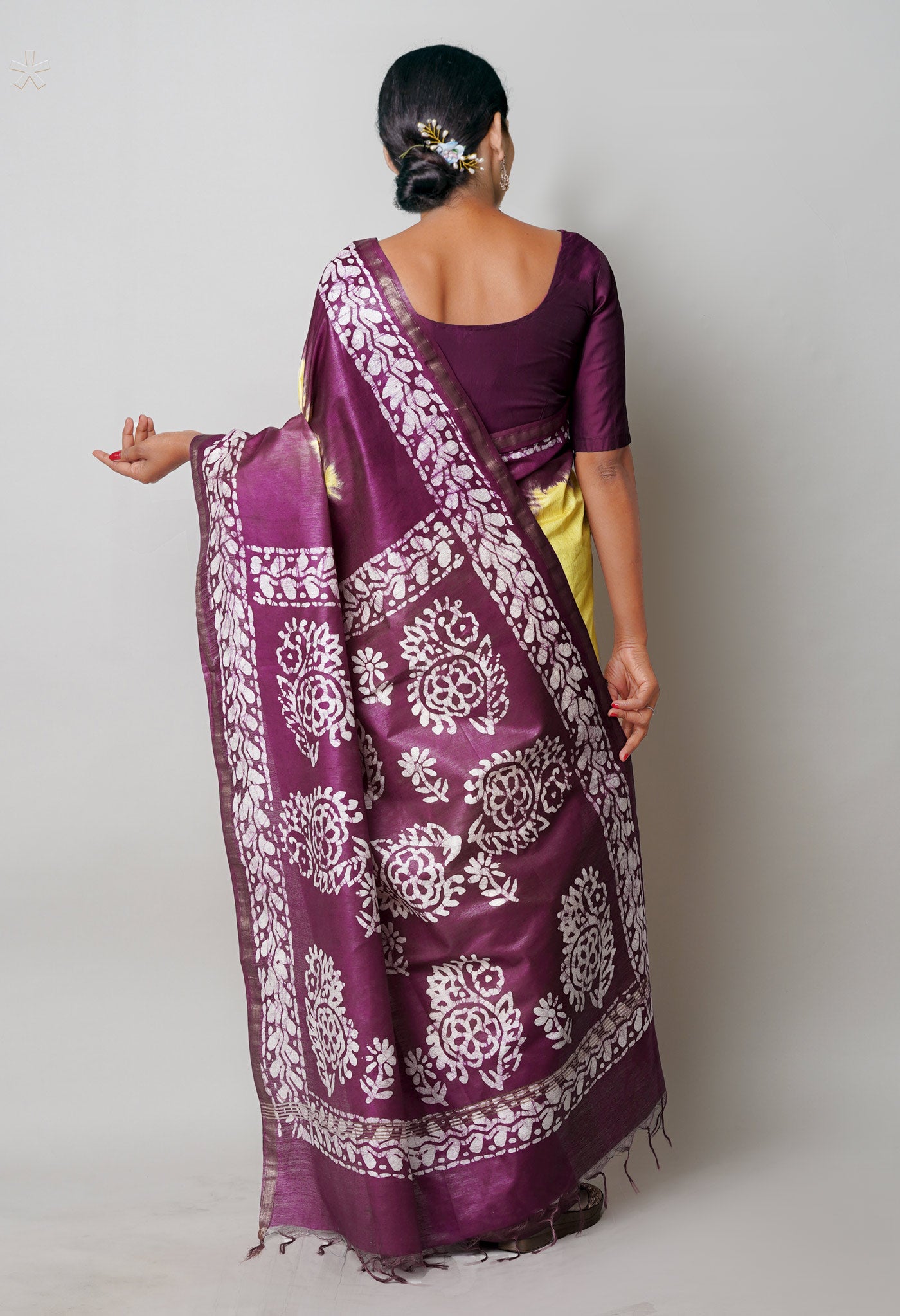 Pale Yellow-Dark Purple Pure Batik Printed Chanderi Sico Saree